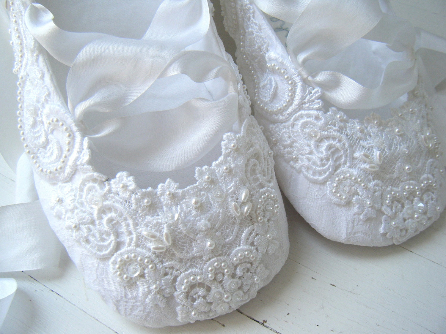 Bridal Ballet Flats, Wedding Ballet Shoes, White Pearls, Lace, ASHLEY Custom Made By BobkaBaby, Bobka Shoes, Wedding Accessories