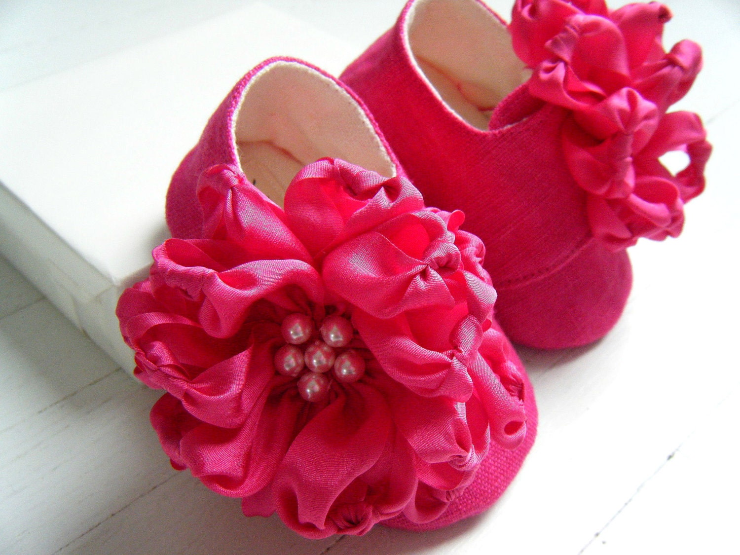 Organic Baby Shoes, Toddler Flats, Lipstick Pink, Silk Flower, Hemp Linen, Bobka Shoes by BobkaBaby