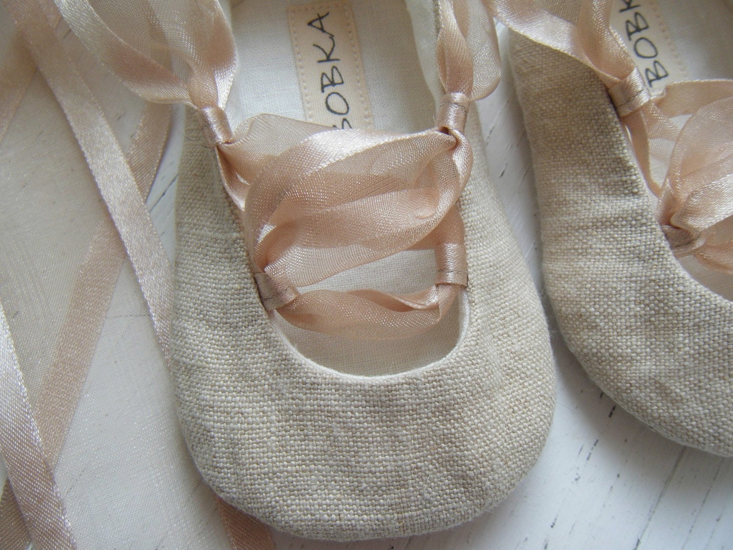 Organic Baby Ballet Shoes, Khaki Beige Hemp Linen, Natural Baby Girl , Toddler Flats, Bobka Shoes by BobkaBaby