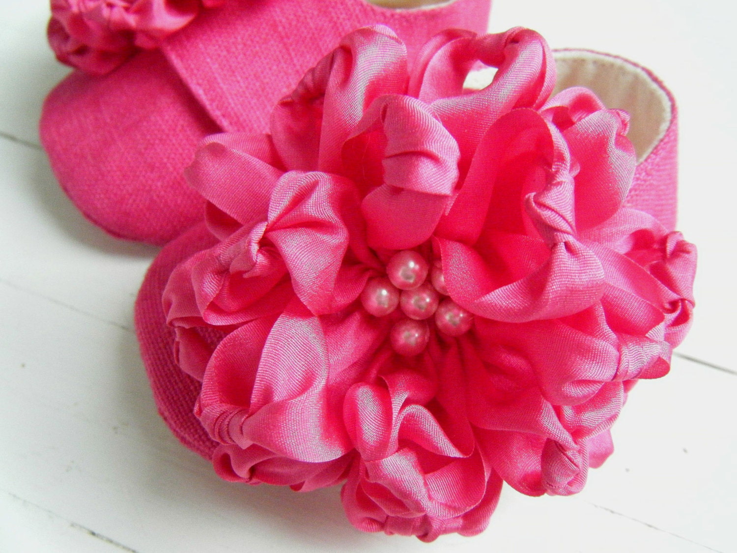 Organic Baby Shoes, Toddler Flats, Lipstick Pink, Silk Flower, Hemp Linen, Bobka Shoes by BobkaBaby