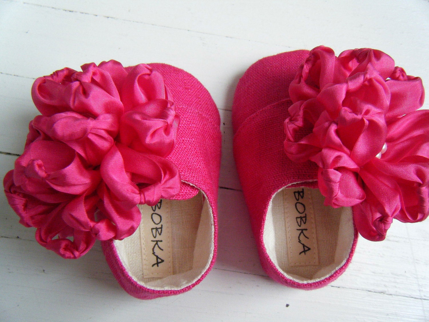Organic Baby Shoes, Toddler Flats, Lipstick Pink, Silk Flower, Hemp Linen, Bobka Shoes by BobkaBaby