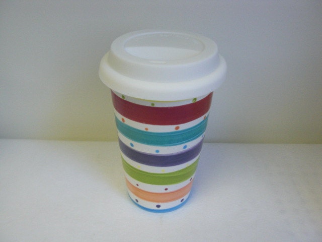 Bright Rainbow Stripes and Dots Ceramic Travel Mug with Silicone Lid - Sunny Yellow Interior