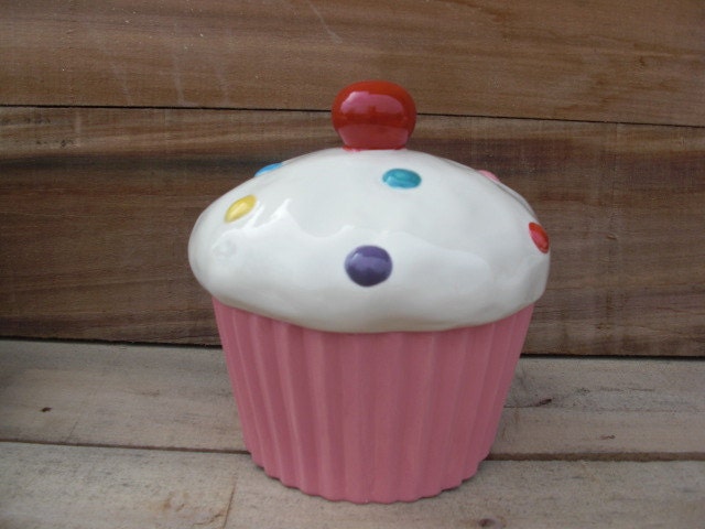 Bright Pink Ceramic Cupcake Cookie Jar - Medium - Ready to Ship - DISCOUNT