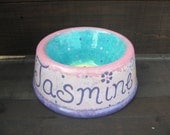 JASMINE - Custom Ceramic Dog or Pet Bowl - Pink and Girly with Flowers and Polka Dots - Large