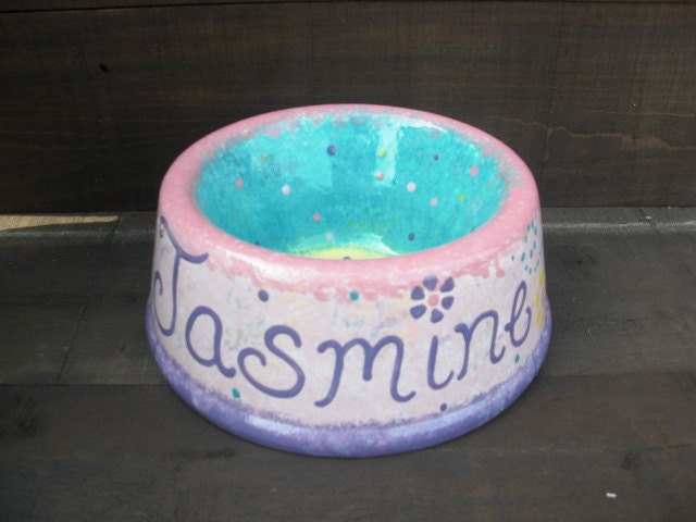 JASMINE - Custom Ceramic Dog or Pet Bowl - Pink and Girly with Flowers and Polka Dots - Large