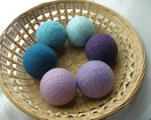 All Wool Felted Large Eco Dryer Balls--Set of 6--Blues and Purples--Wool Core