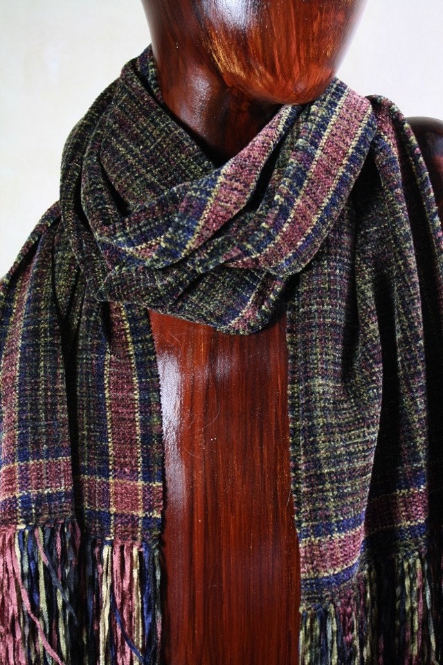 Handwoven Chenille Scarf, Winter Scarf, Extra Wide Long, Textural Dark Palette, Women & Men scarf, Space Dyed Velvety Hand Woven Scarf