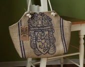 Recycled Burlap Coffee Sack Market Tote- Panama Blue print