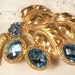 Brooch OR Hair Comb, Blue Czech Glass Rhinestone Bridal, Gold Art Deco Large Brooch 3.75 Inches