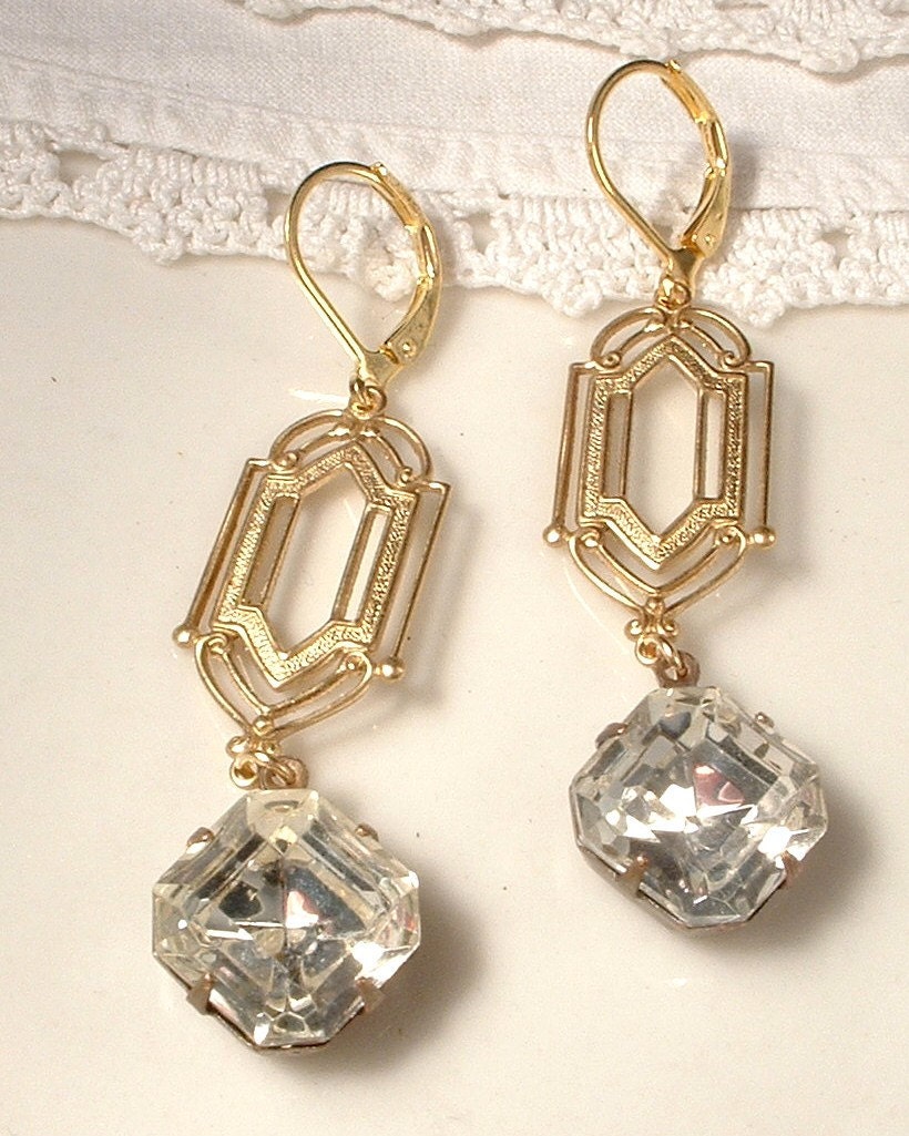 RESERVED Vintage Art Deco Crystal Rhinestone Gold Plated Dangle Earrings