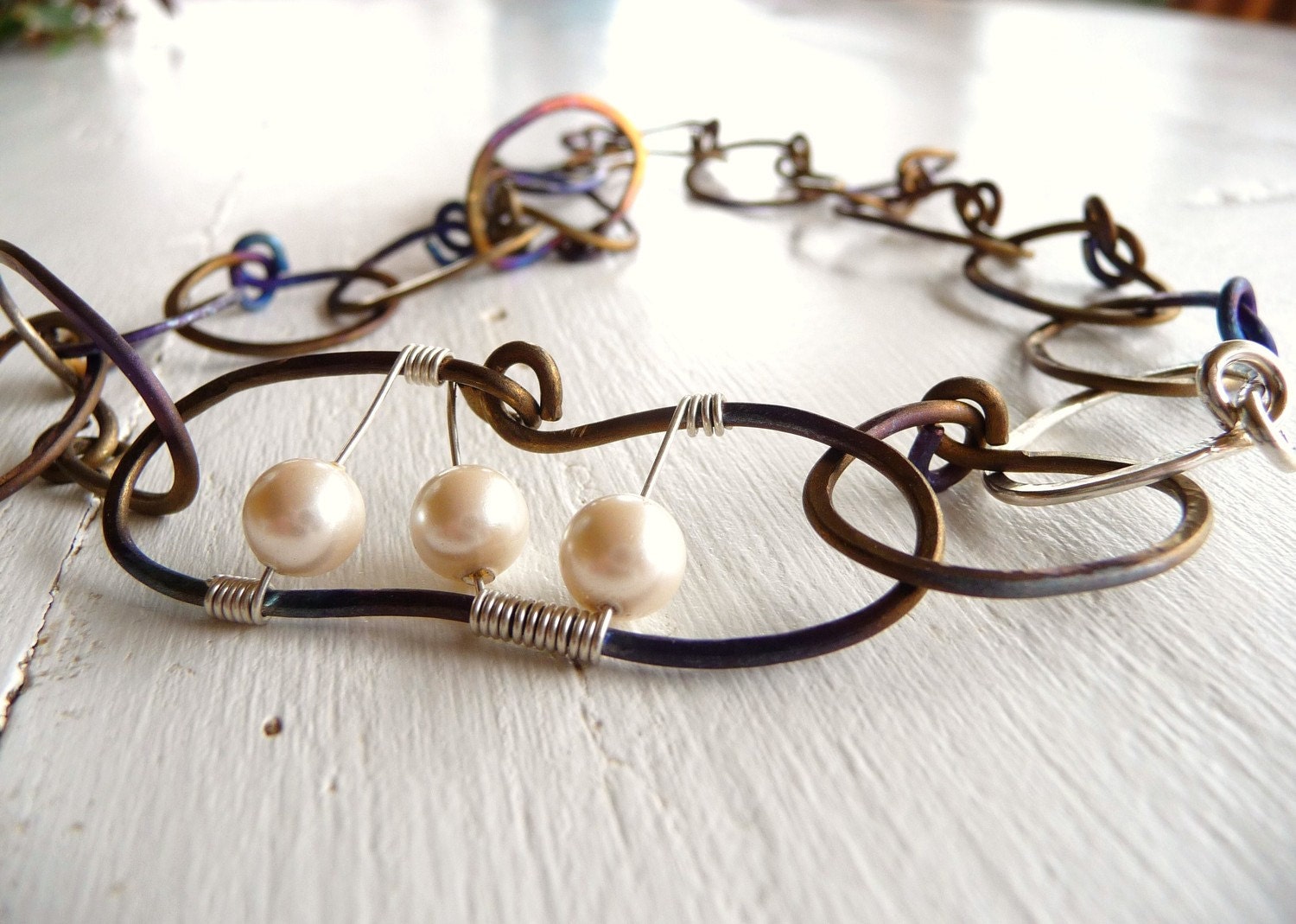 Freeform Necklace with Freshwater Pearls - Titanium and Sterling Silver