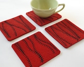 Felt Coasters in Red Merino Wool with Black Embroidery