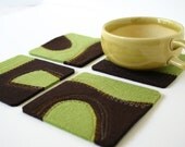 Felt Coasters in Green and Brown Merino Wool with Yellow Top-Stitching