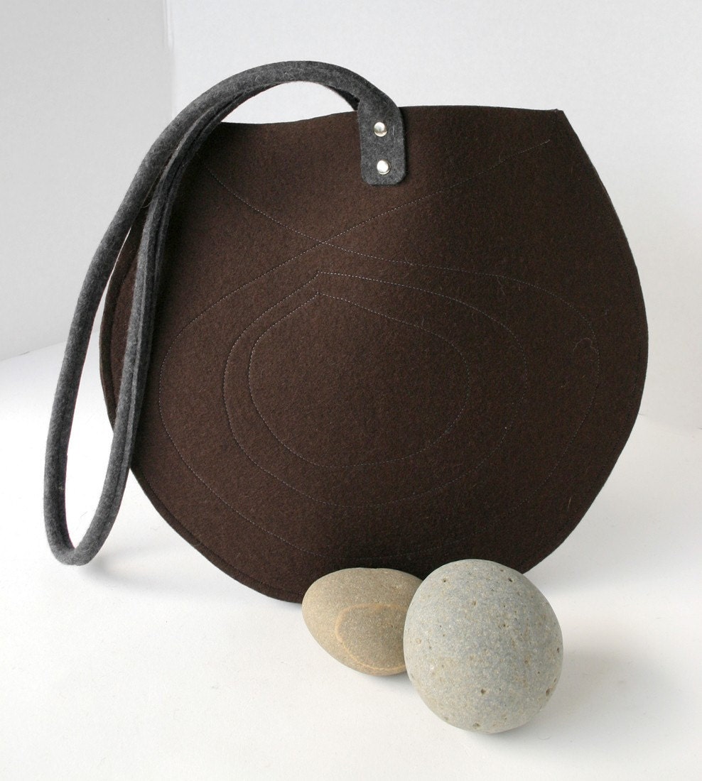 Chocolate Brown and Gray Round Wool Felt Purse
