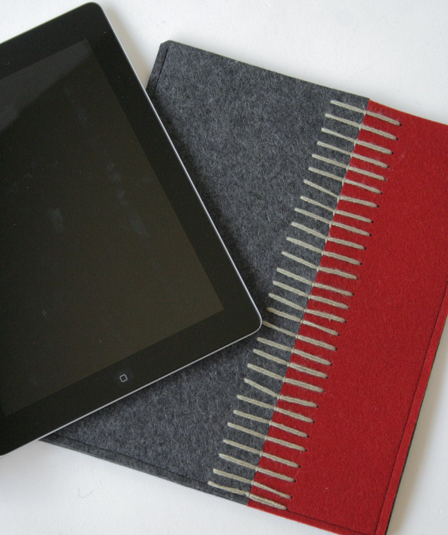 Felt Ipad Sleeve in Merino Wool Red and Gray