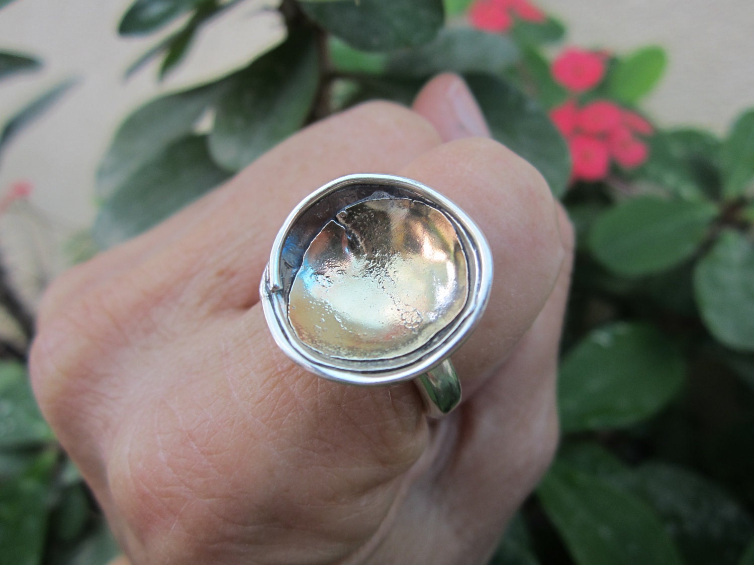 Ring Size 7.5 - 8 - Sterling Silver And Gold Handmade From Israel