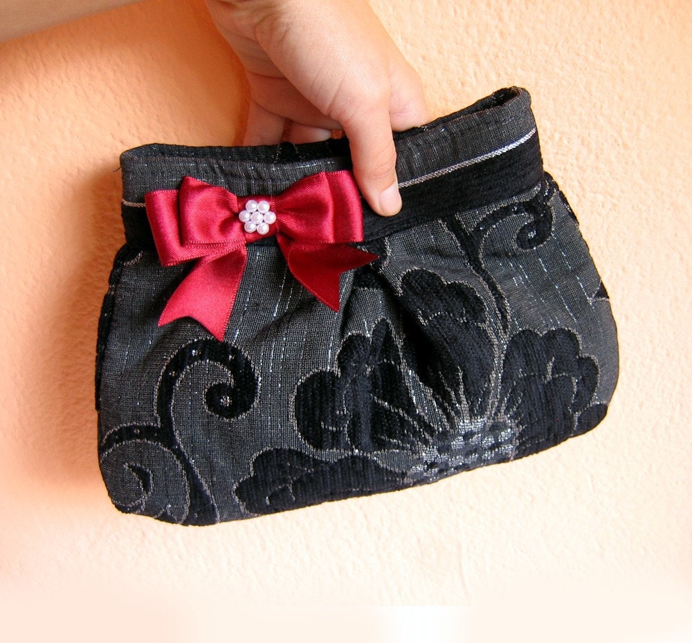 Pleated Clutch/Evening Bag/Purse/Wedding -Leila-deep green-grey, black and silver thread  with Red Satin Bow and Pearls Beads