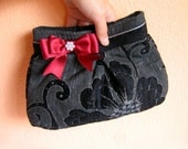 Five Pleated Clutch/Evening Bag/Purse/Wedding -Leila-deep green-grey, black and silver thread  with Red Satin Bow and Pearls Beads