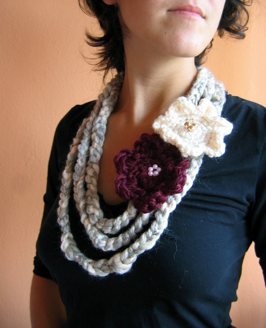 Grey and Cream Fiber Necklace/ Scarf with Magenta and Cream Flowers