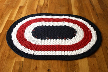 upcycled red, white and blue crocheted tshirt rug - area - bathroom - dorm - kitchen