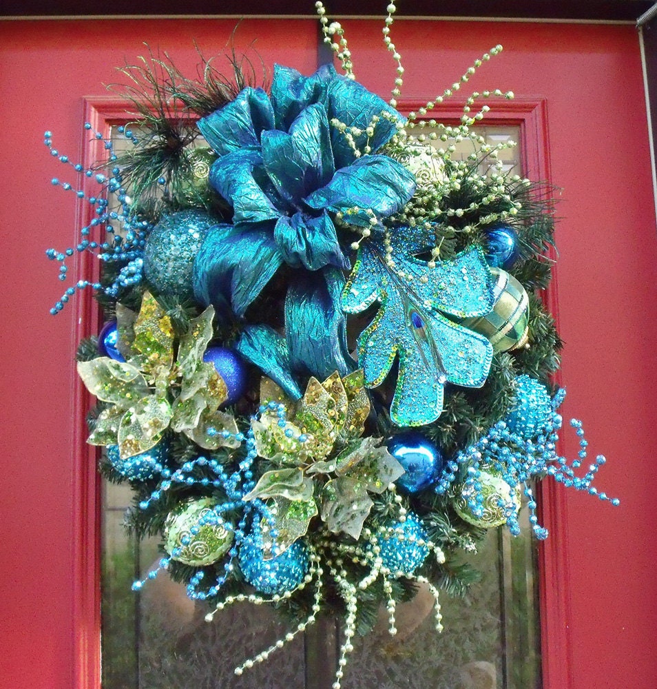 christmas wreath teal lime royal peacock wreath by luxewreaths christmas wreath teal lime royal peacock wreath by luxewreaths