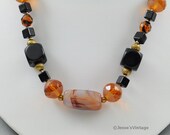 Vintage Glass Bead Necklace Amber & Black Earth Tones