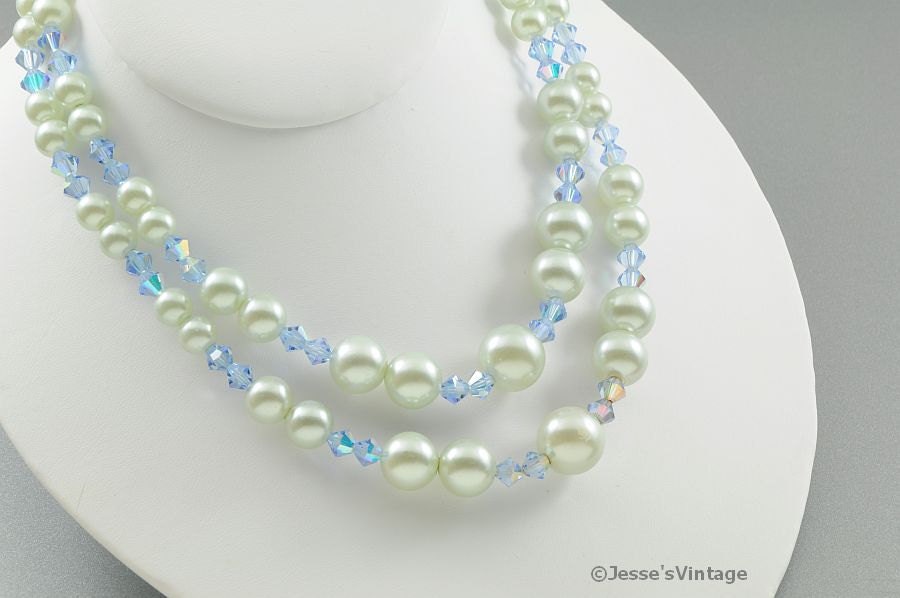 Multi Strand Pearl Necklace w Blue Bicone Crystal Beads