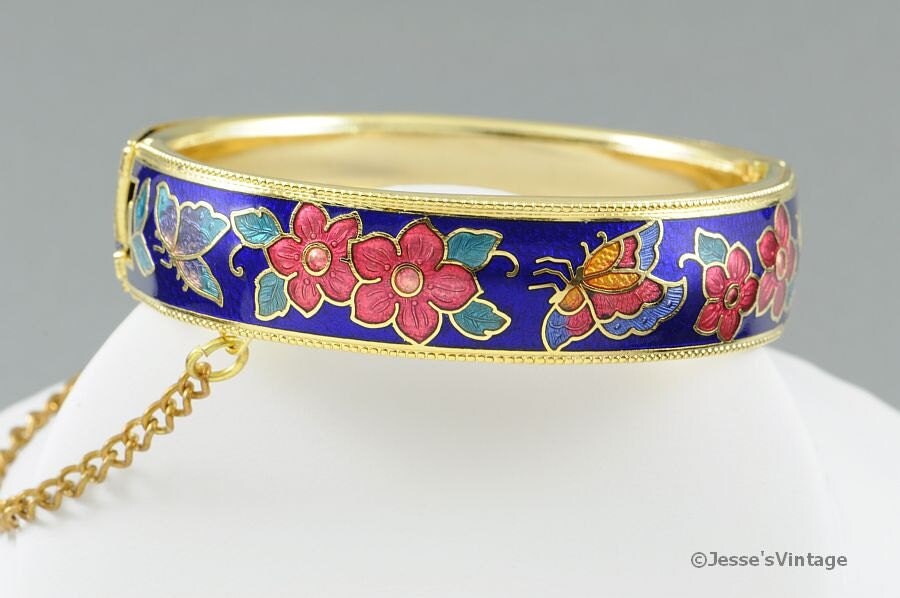 Vintage Cloisonne Bracelet Butterflies & Flowers Gold Tone