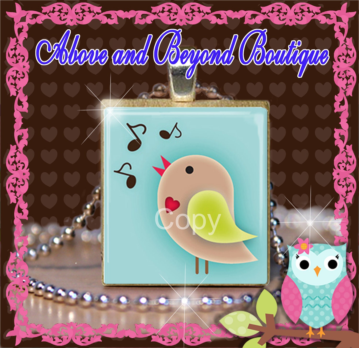 Scrabble Tile Pendant Little Bird Heart Flower Name Initial Monogram Letter Your Choice Image 617