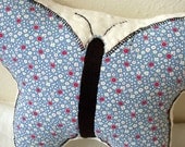 Embroidered Butterfly Pillow - Blue and White with Red Flowers