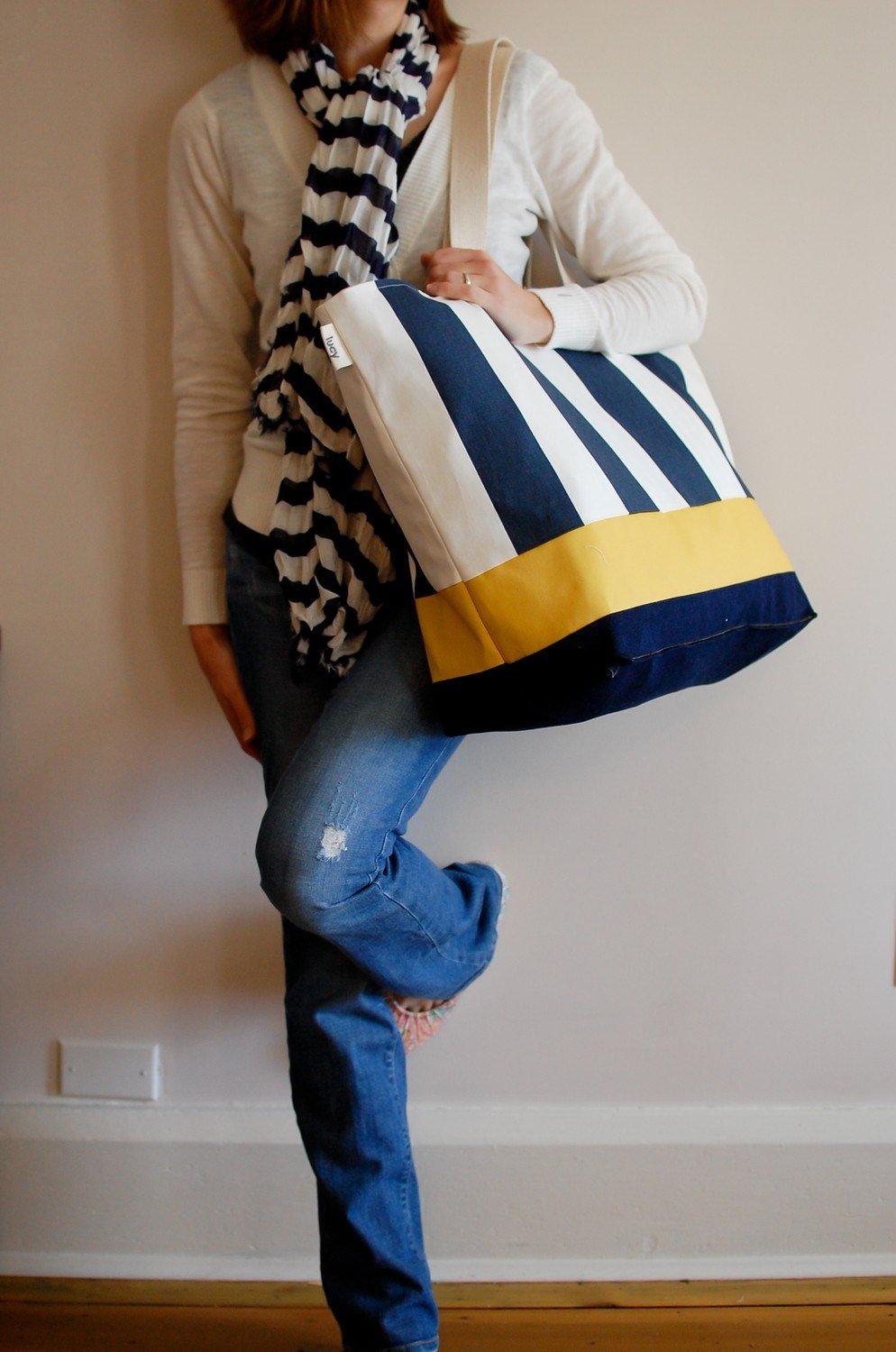 EXTRA Large Beach Bag // Tote in Navy and Cream Stripes with a Pinch of Yellow