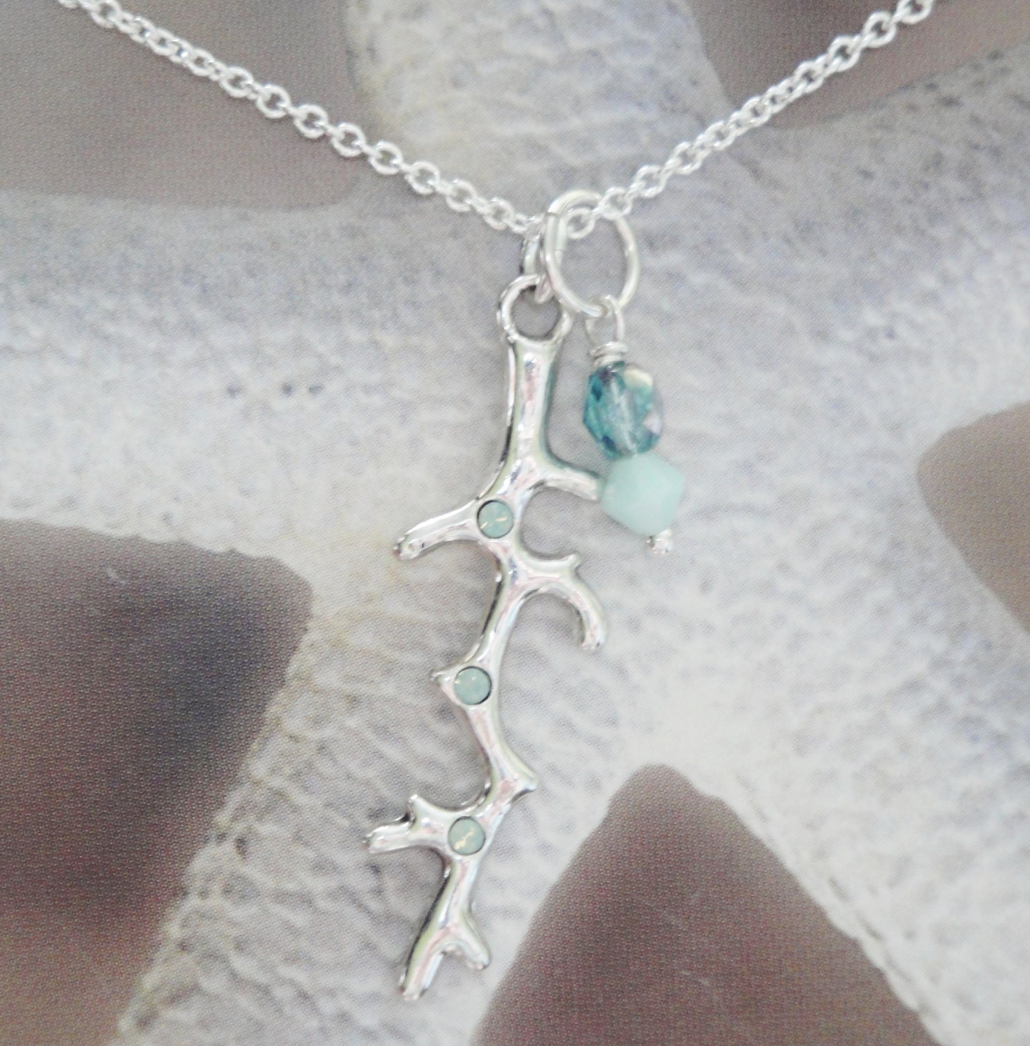 Sterling Silver Chain Coral Branch Charm Swarovski Crystals Necklace