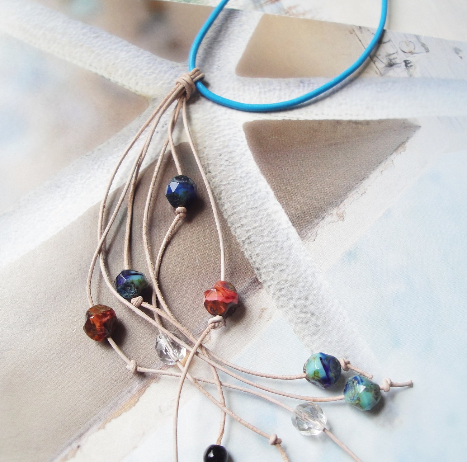 Hand Knotted Beaded Leather Cord Necklace - One Of A Kind