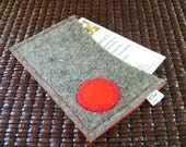 Sassy Wool Felt Business Card Holder- Credit Card Case- Handmade -Eco Friendly- Grey Red Circle Applique- Retro Design