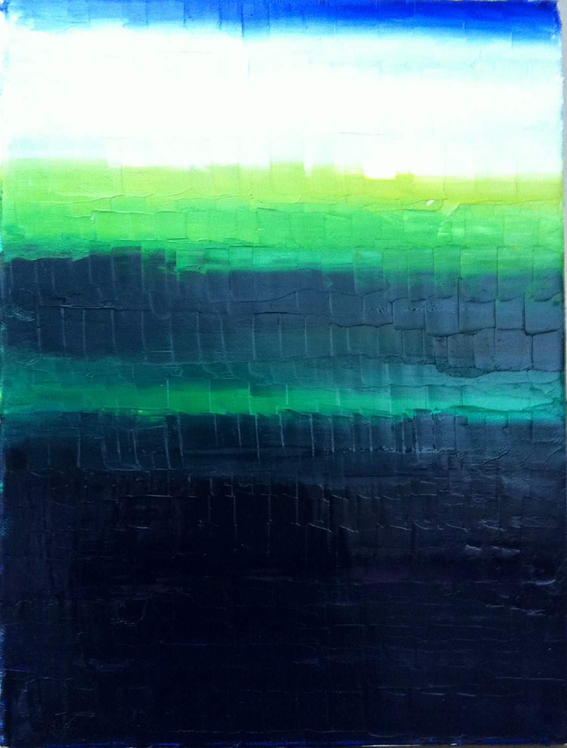 Abstract Contemporary Art Original Oil Painting 12x16x1.5 - deep dark blues, turquoise greens and sage greens.