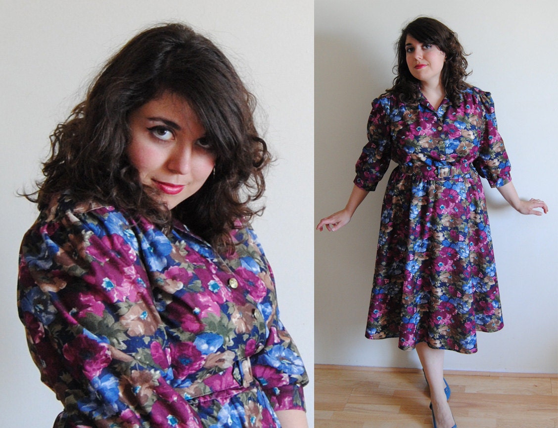 SALE Vintage Plus Size Floral Swing Dress with Belt // The 1980's does the 1950's Spring Fashion // Size 12/14 XL