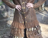 showdiva designs STUNNING Below Knee Brown Distressed Leather Military Coat  Asymmetrical Ruffles Hints of Gold