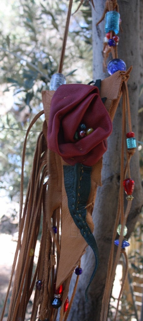 showdiva designs Asymmetrical Leather Medicine Bag Purse Necklace LoNg FriNgE N Beads n Hand Sculpted Flower
