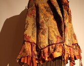 showdiva designs Tapestry Jacket with Sculpted n Beaded Flowers n Leather Chiffon Ruffled Tiers