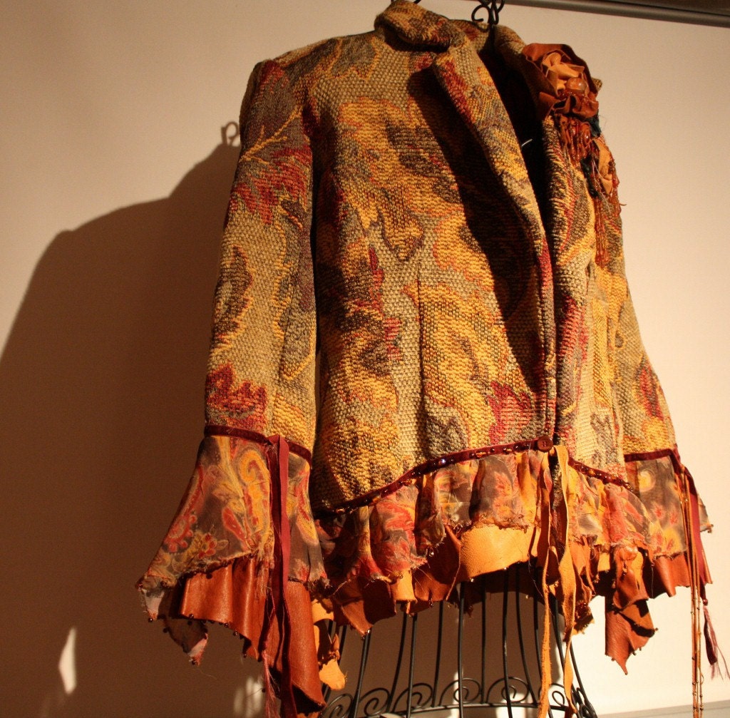 RESERVED showdiva designs Tapestry Jacket with Sculpted n Beaded Flowers n Leather Chiffon Ruffled Tiers