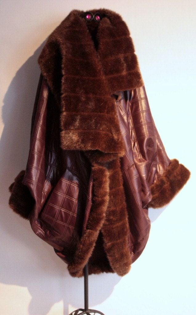 SpEciAL Order showdiva designs Voluminous Faux Leather n Fur Cocoon Coat Huge Asymmetrical Collar Size 2-22