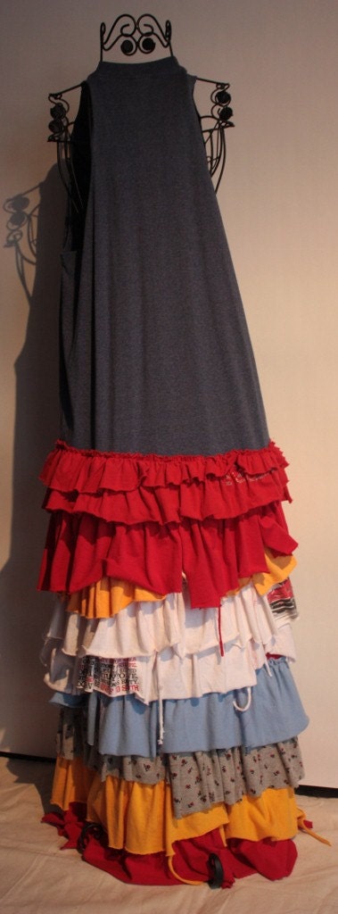 showdiva designs Tattered Tshirt Maxi Dress Asymmetrical Ruffles Galore Hippie Bohemian Chic
