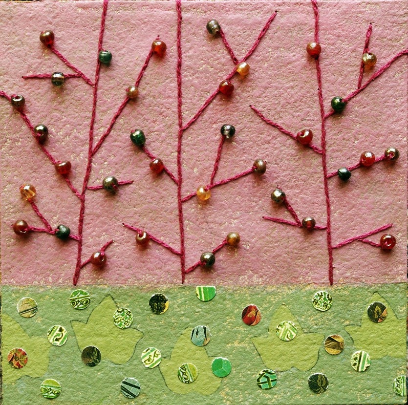 Hand Stitched and Beaded Spring no.4 / Seasons Cycles / Mixed Media on Handmade Paper