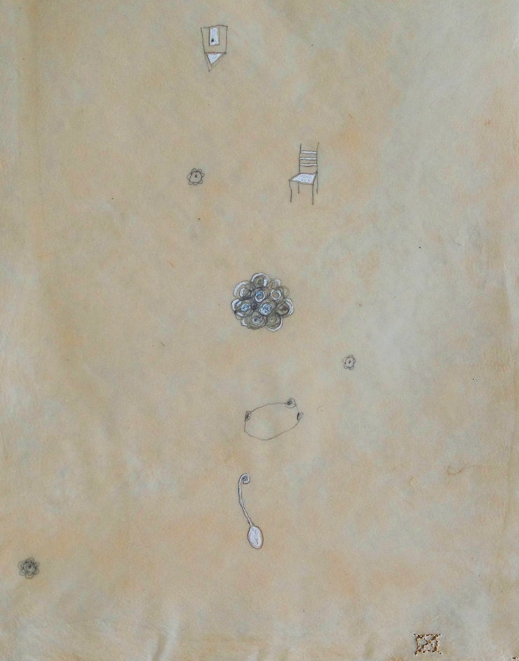 Whimsical Mixed Media Drawing on Handmade Paper / Summer Meditation no.3