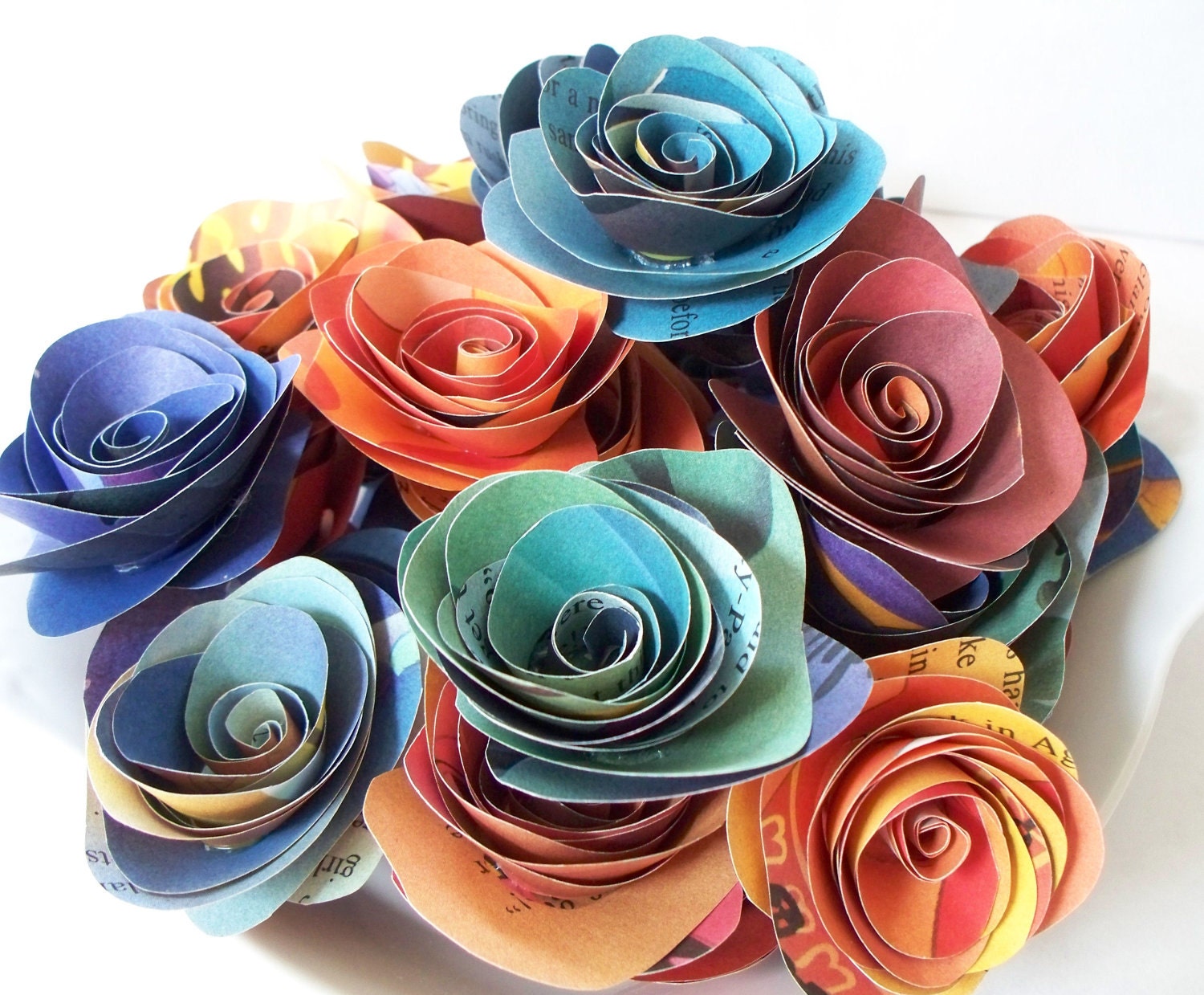 12 Large Paper Flowers made from Vintage Childrens Pages in Blue and Green
