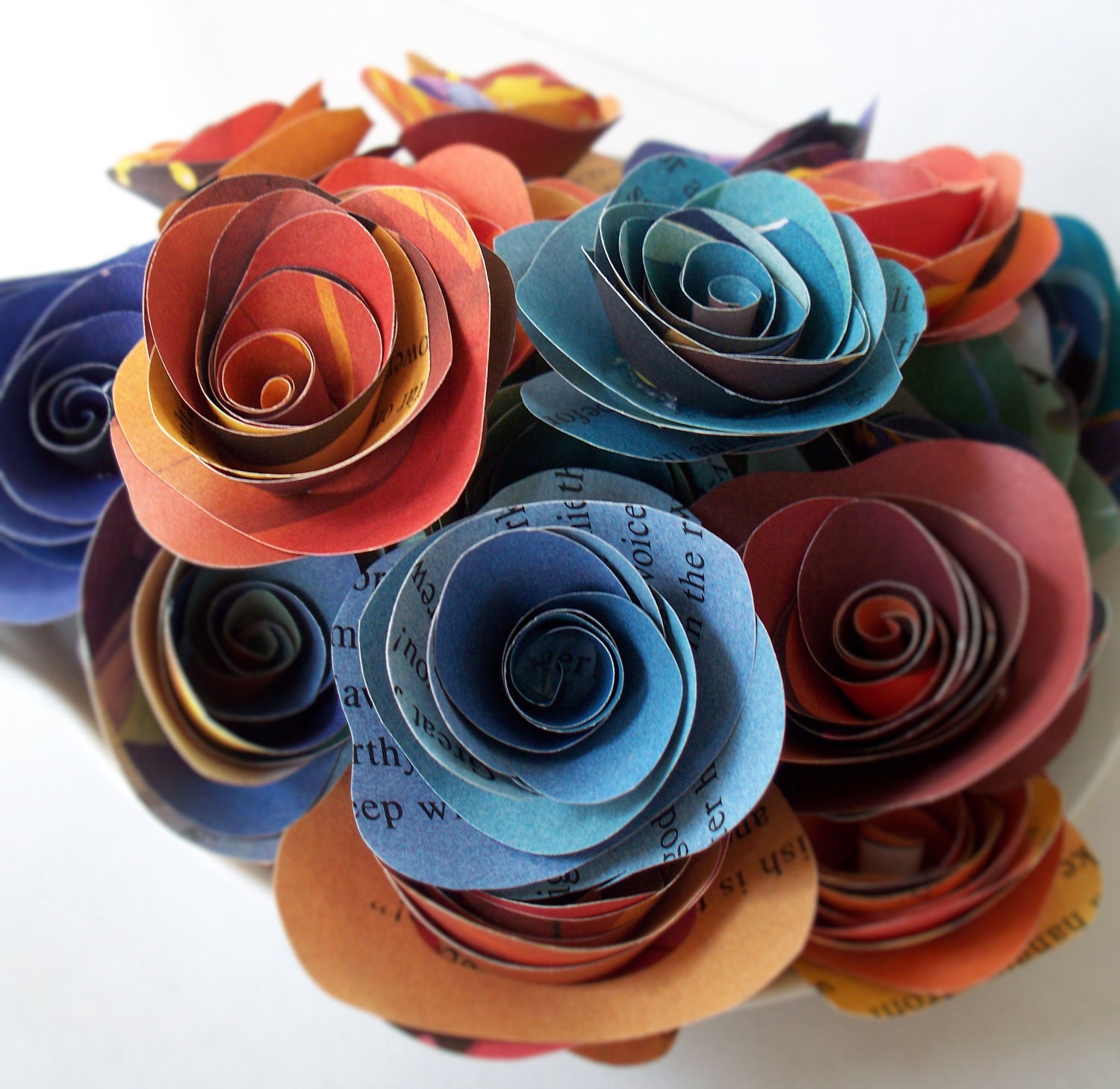 12 Large Paper Flowers made from Vintage Childrens Pages in Blue and Green