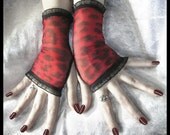 Heart of Darkness Lace Fingerless Gloves - Red Leopard Fine Fishnet Mesh - Black Ruffle - Gothic Vampire Punk Tribal Dark Fusion Belly Dance
