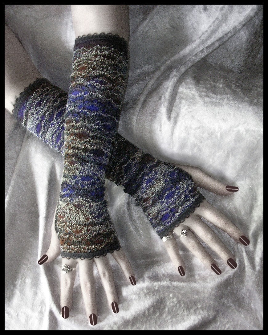 Paris at Dusk Lace Arm Warmers - Smokey Plum Violet Brown Grey w/ Black & Silver - Belly Dance Kuchi Vampire Dark Tribal Lolita Fetish Pixie