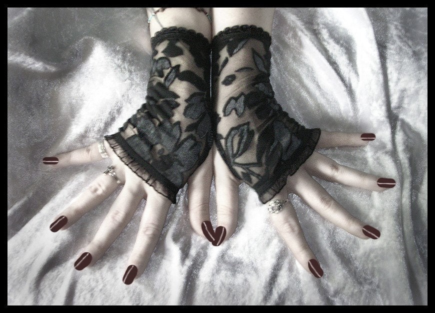 In the Flat Fields Fingerless Gloves - Black & Grey Floral Lace -Steampunk Vampire Belly Dance Dark Tribal Fusion Bellydance Wedding Lolita