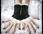 Who Killed Mr. Moonlight Fingerless Gloves - Black Pin Striped Velvet - White Satin Ruffle Lace - EGL Gothic Tribal Maid Belly Dance Goth